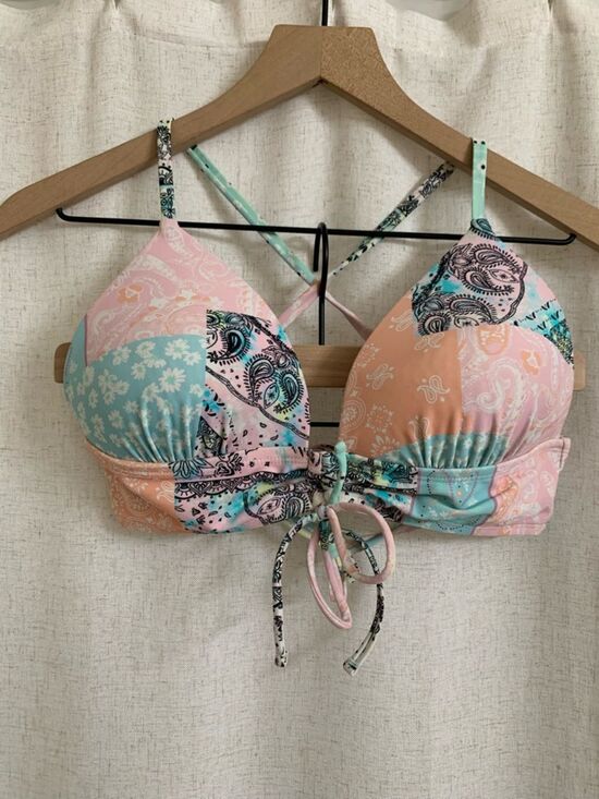 salt + cove Other - Salt + Cove Pastel Patchwork Push Up Tie Front Swim Top Pink Aqua Midkini D/DD